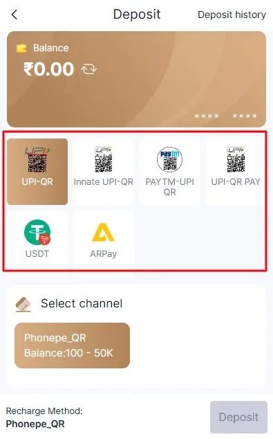 select the deposit payment method